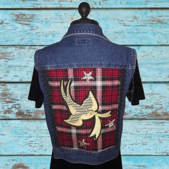 Upcycled Red Plaid Stars Rocker Punk Denim Vest - Picture 3 of 13